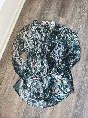 Ksubi Blue Black Snake Print Button Down Long Sleeve Womens M Blouse Shirt Top